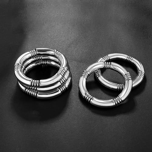 Gold Chunky Bangles Bracelets For Women 14k Gold Plated Stack Layered Curved Bamboo Tube Stretch Bracelets Gift Jewelry - color: 5pcs Silver
