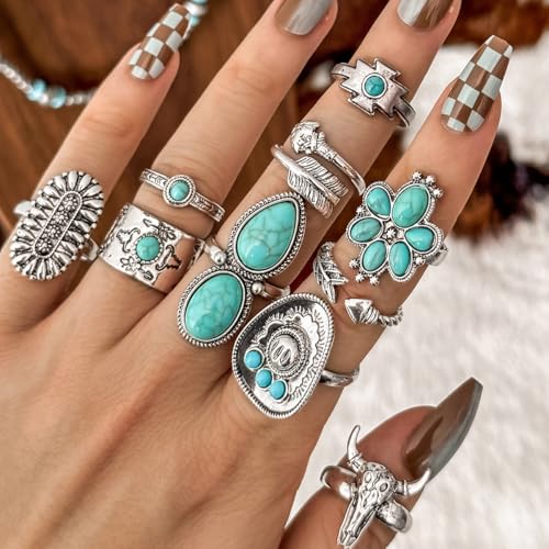 Airvess Vintage Knuckle Rings Set, Chunky Turquoise Stackable Rings, Silver Joint Finger Stacking Rings, Bohemian Western Jewelry for Women - style: 10 Pcs