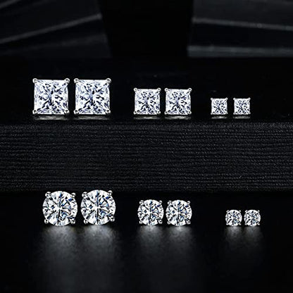 18K Gold Plated Round Princess Cut Clear Cubic Zirconia Stud Earring of 6 Pairs - color: A-white gold plated