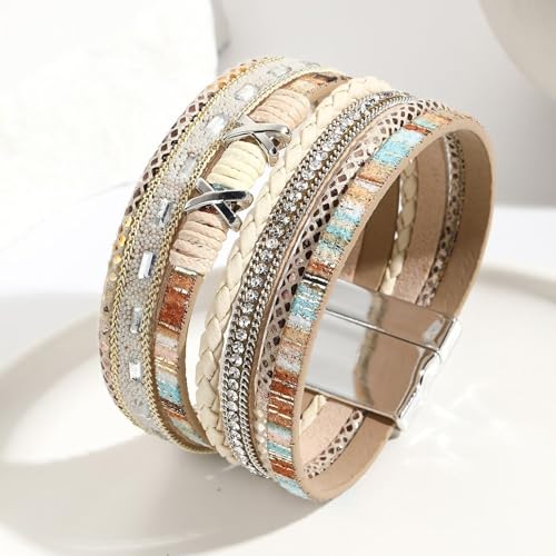 Fesciory Leather Wrap Bracelet for Women, Boho Western Layered Cuff Jewelry | Stackable Bracelets, Easy-On Clasp, Daily Wear, Pairs with Boho Western Outfits, Gift for Women - color: Khaki4