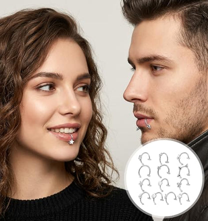13 Pcs Fake Lip Rings, Stainless Steel Fake Lip Piercings, Non-Piercing | Faux Septum Hoops for Women Men, Halloween Jewelry