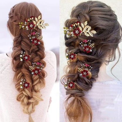 5 PCS Bridal Flower Wedding Hair Pins Crystal Pearl Headpiece Gold Wedding Hair Accessories Jewelry Rhinestone for Brides Bridesmaids Women Girls Updo, Exquisite Flower Leaves&Elegant Burgundy - color: Exquisite Flower Leaves&Elegant Burgundy