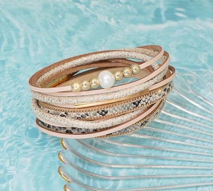 Multi-layer Leather Bracelets Multi-strand Wrap Bracelets Handmade Braided Rope Cuff Bangle with Magnetic Buckle Jewelry - color: Snake