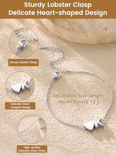 KeyStyle Initial Heart Bracelet for Women Waterproof Stainless Steel Chain | 14K Gold Plated /Silver A-Z Letter Adjustable Charm Bracelet, Hypoallergenic Non Tarnish Dainty Gift for Everyday Wear - color: Silver-C