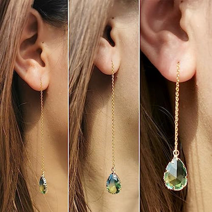 WANGGAO Stainless Steel Water Drop Long Chain Earrings for Women Linear Crystal Threader Earrings Jewelry - color: Green