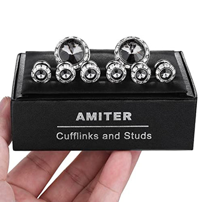 AMITER Crystal Cufflinks and Tuxedo Studs for Men, Cuff Links Suits for Shirt Formal Dress Business Wedding Anniversary - color: Grey