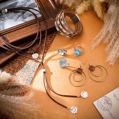 Ecally Bohemian Western Jewelry Turquoise Set Women Country Pendant Long Choker Layered Bracelets Earrings Ring for Women - color: Turquoise, style: Exquisite