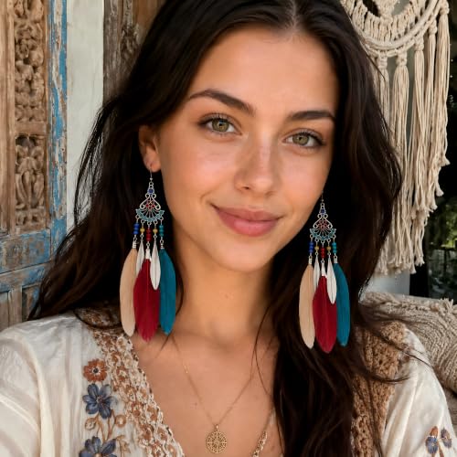 FRESHME Feather Earrings for Women - Native American Jewelry Boho Dangle Ethnic Indian Ear Drop for Music Festival Birthday - color: Dark Coloful