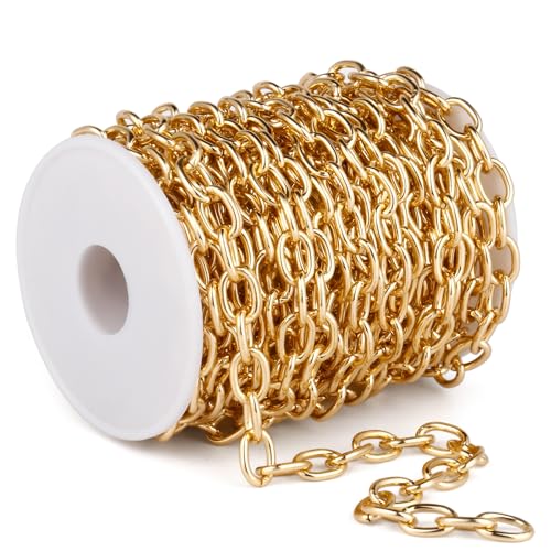 33FT 9MM Gold Rolo Cable Chain Roll Bulk for Jewelry Making DIY Craft | Light Weight Gold Plated Aluminium Cable O Link Chains Spool for Necklace Bracelet - color: Gold Color, size: 9mm width