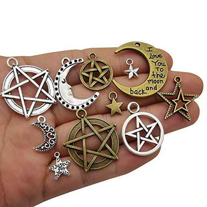 100g(About 76pcs) Craft Supplies Small Antique Bronze Silver Sun Moon Star Charms Pendants for Jewelry Making Findings Crafting Accessory for DIY Necklace Bracelet (M206) - color: Sun Star Moon