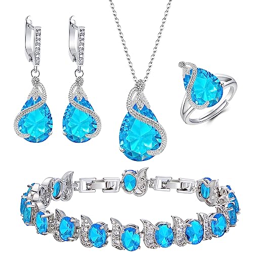 EVER FAITH Wedding Jewelry Set for Bride Bridesmaid, Glamour Teardrop Cubic Zirconia Pendant Necklace Earrings Tennis Bracelet Open Ring Sets for Birthday/Valentine's Day/Mother's Day/Christmas - color: A_Aquamarine Silver-Plated-Brass