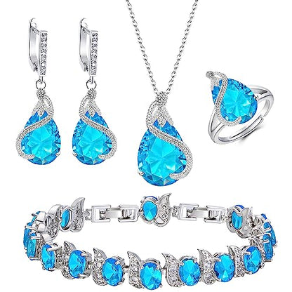 EVER FAITH Wedding Jewelry Set for Bride Bridesmaid, Glamour Teardrop Cubic Zirconia Pendant Necklace Earrings Tennis Bracelet Open Ring Sets for Birthday/Valentine's Day/Mother's Day/Christmas - color: A_Aquamarine Silver-Plated-Brass