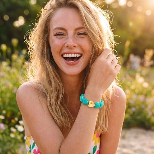 WOWORAMA Chunky Beaded Bracelets for Women Colorful Large Square Beads Bracelet Boho Acrylic Resin Stretch Bracelets Statement Chunky Bracelet Summer Jewelry - color: Heart-Blue