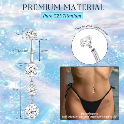 GAGABODY G23 Titanium Dangly Belly Button Ring Long Belly Rings Belly Piercing Jewelry 14G 3/8 inch 10mm Navel Barbell CZ Navel Piercing Ring - color: Style3:Silver+Dangle Round Shape Clear CZ