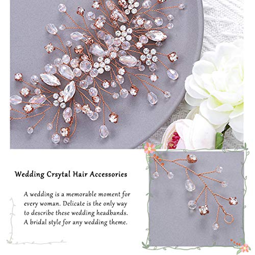 Bride Flower Wedding Hair Vine Crystal Bridal Hair Piece Rhinestone Party Hair Accessories Leaf Hair Jewelry Bead Headpiece for Women - color: Rose Gold