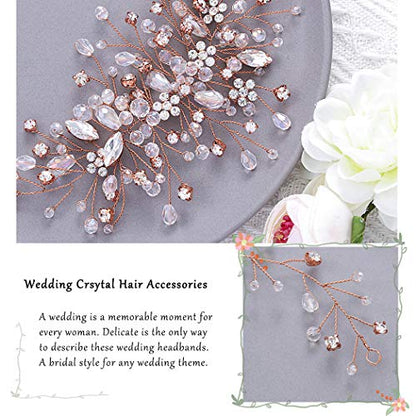 Bride Flower Wedding Hair Vine Crystal Bridal Hair Piece Rhinestone Party Hair Accessories Leaf Hair Jewelry Bead Headpiece for Women - color: Rose Gold
