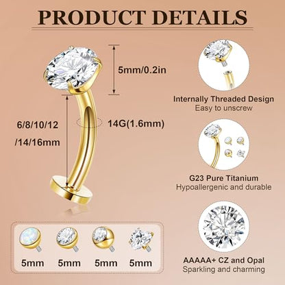 14G G23 Pure Titanium Floating Belly Button Ring for Women Flat Back Petite Belly Navel Ring Hypoallergenic Internally Threaded Navel Ring with Opal CZ Replacement Ball Belly Piercings Jewelry 6-16MM - color: Gold, size: Bar Length 12mm-Slightly Longer