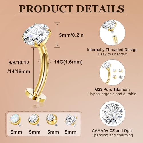 14G G23 Pure Titanium Floating Belly Button Ring for Women Flat Back Petite Belly Navel Ring Hypoallergenic Internally Threaded Navel Ring with Opal CZ Replacement Ball Belly Piercings Jewelry 6-16MM - color: Gold, size: Bar Length 16mm-Longest
