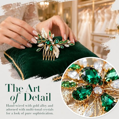 Emerald Green Hair Accessories for Women Crystal Leaf Bridal Side Comb Wedding Hair Piece with Gold Tone Design Elegant Clip for Prom Party Bridesmaid Formal Events