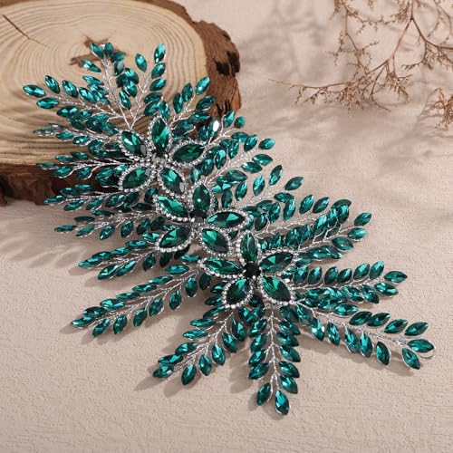 Teyglen Large Full Rhinestone Headband Flower Crystal Bride Wedding Headband Hair Vine Bridal Rhinestone Headpiece Wedding Hair Accessories for Women Party Prom (Green) - color: Green