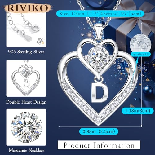 RIVIKO 1 Carat Moissanite Heart Initial Necklace for Women,Letter Pendant | 925 Sterling Silver Chain,Personalized Jewelry,Anniversary Birthday Gifts for Wife Friend Mom - color: Letter D