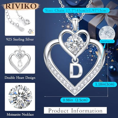 RIVIKO 1 Carat Moissanite Heart Initial Necklace for Women,Letter Pendant | 925 Sterling Silver Chain,Personalized Jewelry,Anniversary Birthday Gifts for Wife Friend Mom - color: Letter D