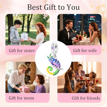 S925 Sterling Silver Cute Bead Charm for Pandora Bracelets and Necklaces | Lucky Clover Cute Animal Pink Bow Cherry Butterfly Pendant Bead Charms Jewelry Making Gifts for Women Valentines Mother's Day - style: Forest Chameleon Dangle Charm