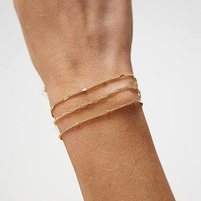 Dainty Bracelet for Women 14K Gold Plated Cross Pearl CZ Leaf Bracelets Set Gold Layering Bracelets Everyday Jewelry - color: Twisted+Beaded+Bar-Gold
