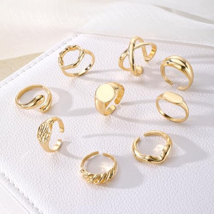 Chunky Rings for Women Non Tarnish 14k Stackable Dome Statement Rings Sets Vintage Dainty Knuckle Open Midi Finger Rings Jewelry Pack Gifts - style: 9PCS