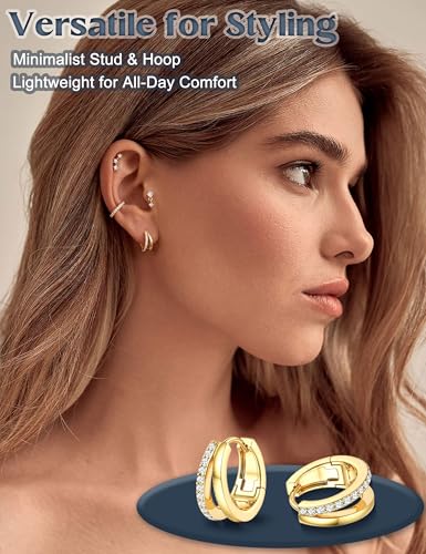 BESTEEL 7Pairs Hypoallergenic Gold Plated Earrings for Women Earring Stacks | Trendy Small Stud Huggie Hoop Earring Stacks Set Surgical Steel Cartilage Helix Jewelry for Sensitive Ears Birthday Gifts - style: G- Double