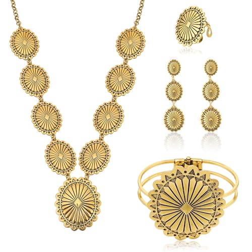 4 PCS Western Turquoise Jewelry for Women Boho Vintage Navajo Pearl Necklace Earring Bracelet Ring Set Country Cowgirl Accessories for Gift - color: J-Gold