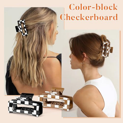 Auseibeely 6 Pcs Checkered Hair Clips for Women, 3.35 Inch Medium Square Claw Clips for Thin Hair, Cute Y2K Checkerboard Hair Accessories, Non-Slip Neutral Tone Banana Jaw Clip, Black White Brown - color: Checkered-3.35 Inch
