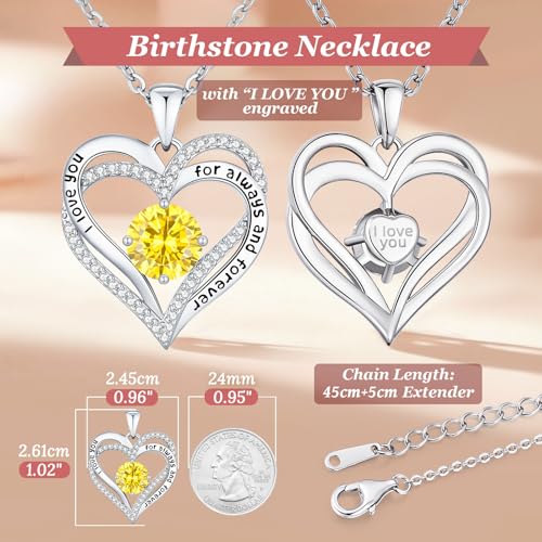 CDE Engraved Forever Love Heart Birthstone Necklace Jewelry Gifts for Women | Hypoallergenic,Nickel-Free & Lead-Free,3 x 3 mm 5A CZ Heart Pendant,Anniversary Christmas Birthday Gift for Girlfriend Wife - color: 11-Nov-WG, style: White Gold Plated