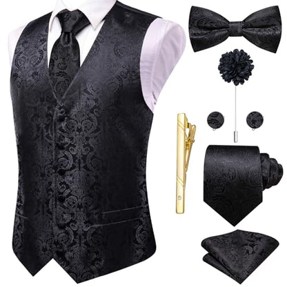Hi-Tie Silk Mens Suit Vest Tie and Bowtie Lapel Pin Gold Tie Clip Paisley Floral Waistcoat 8PCS Set Tuxedo Wedding Party - color: Black, size: XX-Large