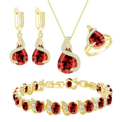 GZWHD Jewelry Set for Women Water Drop Cubic Zirconia Artificial Crystal Earrings Pendant Necklace Open Ring Tennis Bracelet Wedding Anniversary Birthday Engagement Gift for Bridesmaid Wife Girlfriend Friend - color: Gold-Garnet