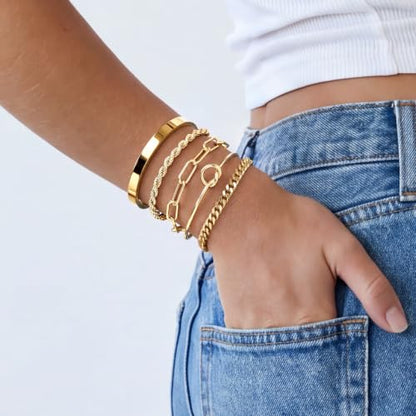 Gokeey Sterling Silver Cuff Bangle Bracelet Set for Women Waterproof, Non Tarnish S925 Silver Chunky Cuban Link Chain Heart Love Infinity Tie Knot Paperclip Beaded Twist Rope Silver Bracelets Fashion Jewelry Gifts Set - color: Gold-Stackable Bangles set