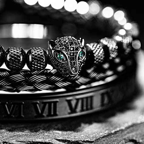 3pcs/set Classical Handmade Braiding Bracelet Hip Hop Men Pave CZ Leopard Head Roman Numeral Bracelet Stainless Steel Jewelry - color: 1pcs Black