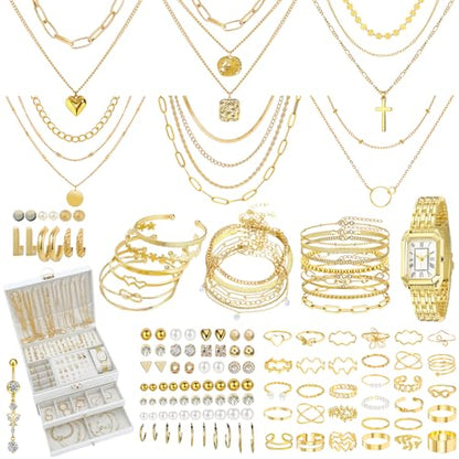 NEWITIN 88 Pieces Gold Jewelry Set for Women Fashion Bohemian Jewelry | Gold Plated Costume Jewelry, Turquoise Jewelry, Necklaces Bracelets Rings Earrings Set for Women Party Daily, Women Gifts - color: Gold