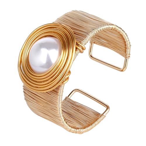 Chunky Gold Cuff Bracelets for Women Stack Silver Bracelet Vintage Bohemian Indian Bangles for Women Adjustable Open Wide Gold Bangle Bracelet Trendy Statement Jewelry - style: GOLD FINISH WHITE PEARL