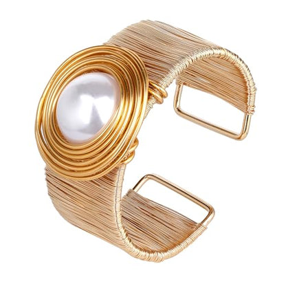 Chunky Gold Cuff Bracelets for Women Stack Silver Bracelet Vintage Bohemian Indian Bangles for Women Adjustable Open Wide Gold Bangle Bracelet Trendy Statement Jewelry - style: GOLD FINISH WHITE PEARL