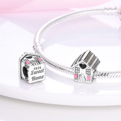 Vegas Safety Chain Sun Birthday Mom Camera Dog God Psalm Bead Pendant 925 Sterling Silver Dangle Compatible With Pandora Moments Charm Bracelet - style: Home Sweet Home Charm Pave House