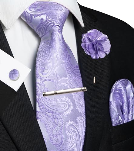 JEMYGINS Mens Paisley Tie and Pocket Square,Lapel Pin,Cufflinks,Tie Clip Sets with Gift Box 5PCS - color: Lavender