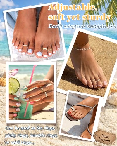 Besteel 6 PCS Toe Rings for Women - 14K Gold Filled Non Tarnish Waterproof | Adjustable Silver Toe Ring Simple Open Band Hug CZ Chunky Flower Toe Rings Set Trendy Summer Beach Foot Jewelry for Women - style: Gold: heart&flower toe ring