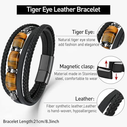 Mens Tiger Eye Leather Bracelet, Natural Tiger Eye Stone Multi-Layer Braided Cuff Bracelets for Men, Stainless Steel with Buckle Memorial Bangle Gifts for Him - color: Black3