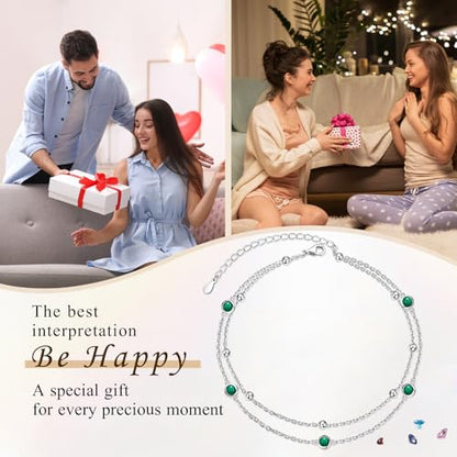 Flyow Anklet for Women S925 Sterling Silver Adjustable Foot Beaded Heart Charm Ankle Bracelet Anklets Jewelry - style: Malachite