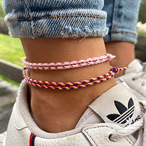 Made by Nami 2 Pcs Wave String Ankle Bracelets for Women Waterproof & Adjustable Thin Braided Anklet Surfer Boho Ankle Bracelet Set of 2 Beach Accessories - color: Light Red Set