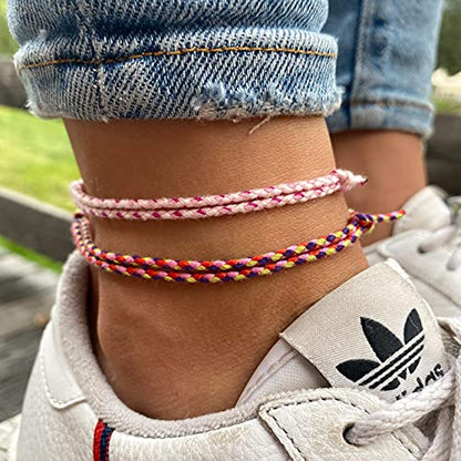 Made by Nami 2 Pcs Wave String Ankle Bracelets for Women Waterproof & Adjustable Thin Braided Anklet Surfer Boho Ankle Bracelet Set of 2 Beach Accessories - color: Light Red Set