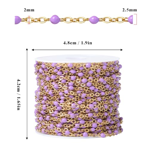 33FT 2mm Gold Cable Chains Purple Enamel Chain Bulk Roll for Jewelry Making | 18K Gold PVD Plated Stainless Steel Enamel Beaded Chains Roll for Necklace Bracelet - color: Gold Purple Beads