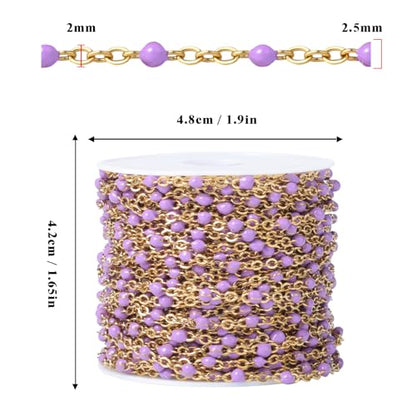 33FT 2mm Gold Cable Chains Purple Enamel Chain Bulk Roll for Jewelry Making | 18K Gold PVD Plated Stainless Steel Enamel Beaded Chains Roll for Necklace Bracelet - color: Gold Purple Beads