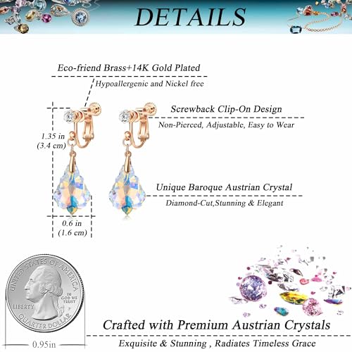 Austrian Crystal Baroque Drop Clip On Dangle Earrings for Women Non Pierced 14K Rose Gold Plated Hypoallergenic Jewelry - color: Aurora Borealis